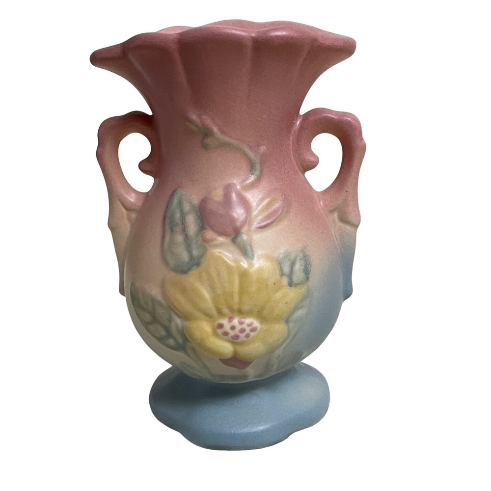 Hull Pottery Art Vases Floral Wildflower Double Handle Pink Blue 4-3/4 Inch